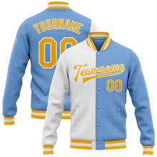 Load image into Gallery viewer, Custom Light Blue Gold-White Bomber Full-Snap Varsity Letterman Split Fashion Jacket
