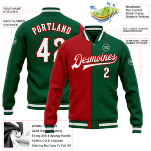 Custom Kelly Green White-Red Bomber Full-Snap Varsity Letterman Split Fashion Jacket