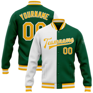 Custom Kelly Green Gold-White Bomber Full-Snap Varsity Letterman Split Fashion Jacket