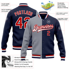 Load image into Gallery viewer, Custom Navy Red-Gray Bomber Full-Snap Varsity Letterman Split Fashion Jacket
