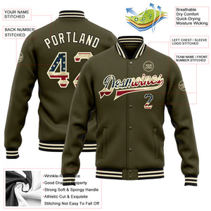 Custom Olive Vintage USA Flag Cream-Black Bomber Full-Snap Varsity Letterman Salute To Service Jacket