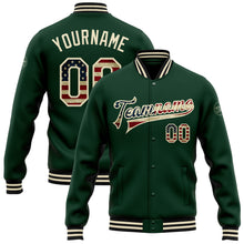 Load image into Gallery viewer, Custom Green Vintage USA Flag Cream-Black Bomber Full-Snap Varsity Letterman Jacket
