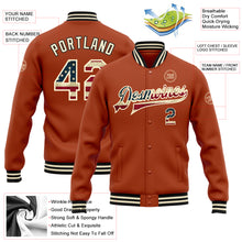 Load image into Gallery viewer, Custom Texas Orange Vintage USA Flag Cream-Black Bomber Full-Snap Varsity Letterman Jacket
