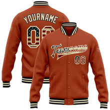 Load image into Gallery viewer, Custom Texas Orange Vintage USA Flag Cream-Black Bomber Full-Snap Varsity Letterman Jacket
