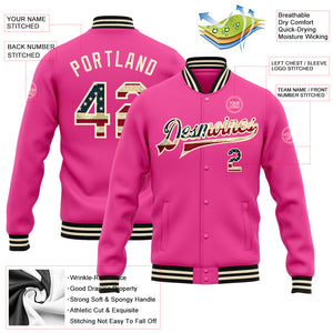 Custom Pink Vintage USA Flag Cream-Black Bomber Full-Snap Varsity Letterman Jacket