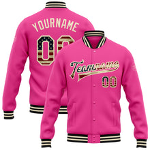 Load image into Gallery viewer, Custom Pink Vintage USA Flag Cream-Black Bomber Full-Snap Varsity Letterman Jacket
