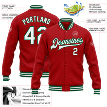 Load image into Gallery viewer, Custom Red White-Kelly Green Bomber Full-Snap Varsity Letterman Jacket
