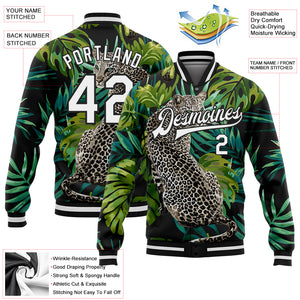 Custom Black White Leopard And Tropical Palm Plants 3D Bomber Full-Snap Varsity Letterman Jacket