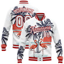 Load image into Gallery viewer, Custom White Red Flamingo And Tropical Hawaii Palm Tree 3D Bomber Full-Snap Varsity Letterman Jacket
