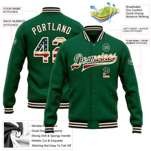 Load image into Gallery viewer, Custom Kelly Green Vintage USA Flag City Cream-Black Bomber Full-Snap Varsity Letterman Jacket
