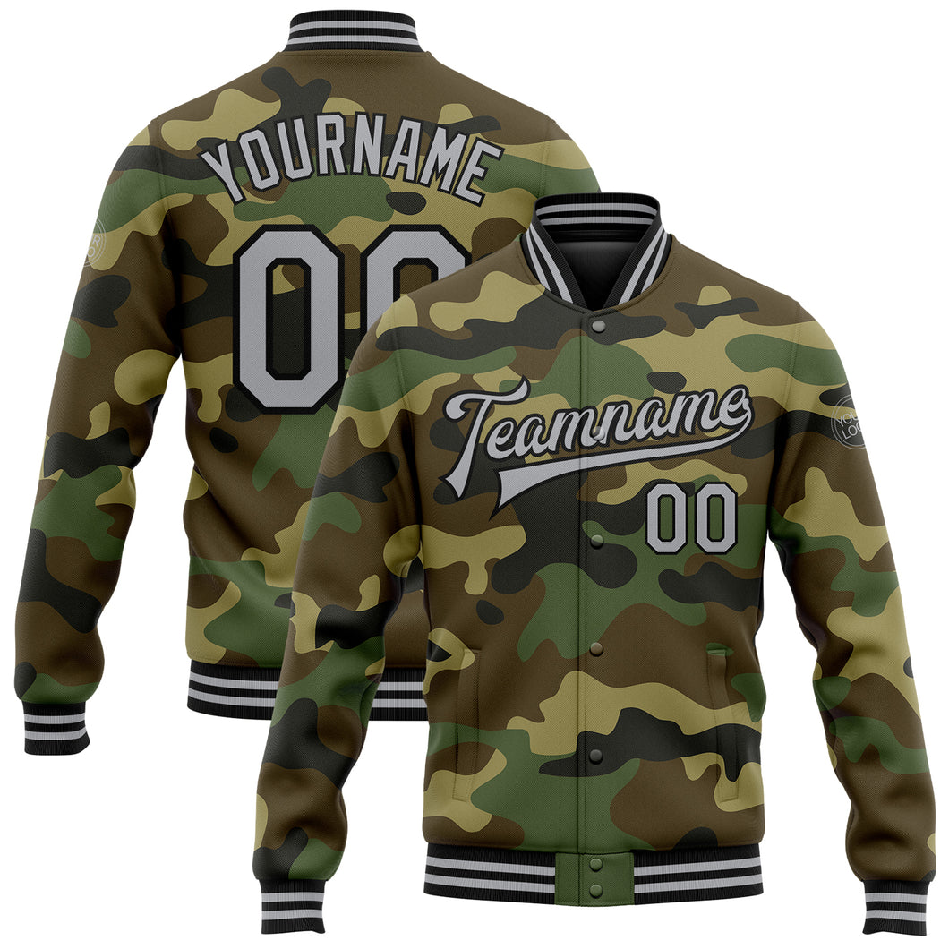 Custom Camo Gray-Black Bomber Full-Snap Varsity Letterman Salute To Service Jacket