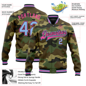 Custom Camo Light Blue Black-Pink Bomber Full-Snap Varsity Letterman Salute To Service Jacket