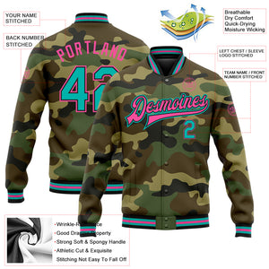 Custom Camo Aqua Black-Pink Bomber Full-Snap Varsity Letterman Salute To Service Jacket