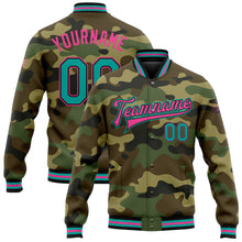 Load image into Gallery viewer, Custom Camo Aqua Black-Pink Bomber Full-Snap Varsity Letterman Salute To Service Jacket
