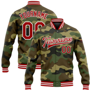 Custom Camo Red-White Bomber Full-Snap Varsity Letterman Salute To Service Jacket