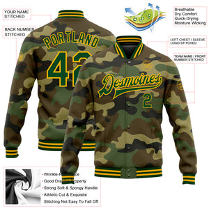 Custom Camo Green-Gold Bomber Full-Snap Varsity Letterman Salute To Service Jacket