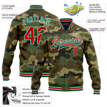 Load image into Gallery viewer, Custom Camo Red-Kelly Green Bomber Full-Snap Varsity Letterman Salute To Service Jacket
