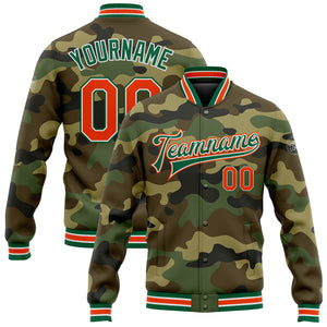 Custom Camo Orange-Kelly Green Bomber Full-Snap Varsity Letterman Salute To Service Jacket