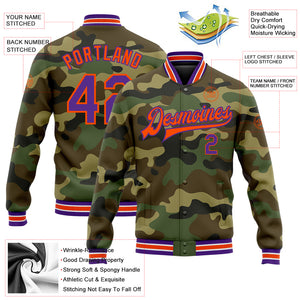 Custom Camo Purple-Orange Bomber Full-Snap Varsity Letterman Salute To Service Jacket