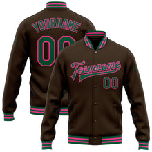 Load image into Gallery viewer, Custom Brown Kelly Green-Pink Bomber Full-Snap Varsity Letterman Jacket
