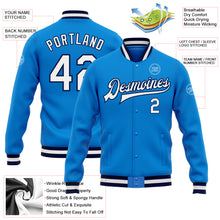 Load image into Gallery viewer, Custom Powder Blue White-Navy Bomber Full-Snap Varsity Letterman Jacket
