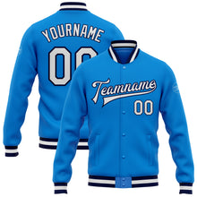 Load image into Gallery viewer, Custom Powder Blue White-Navy Bomber Full-Snap Varsity Letterman Jacket
