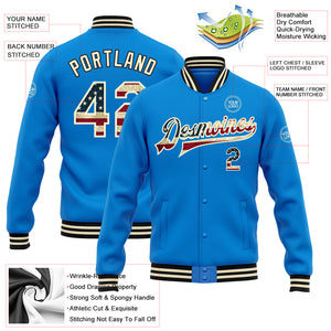 Custom Powder Blue Vintage USA Flag Cream-Black Bomber Full-Snap Varsity Letterman Jacket