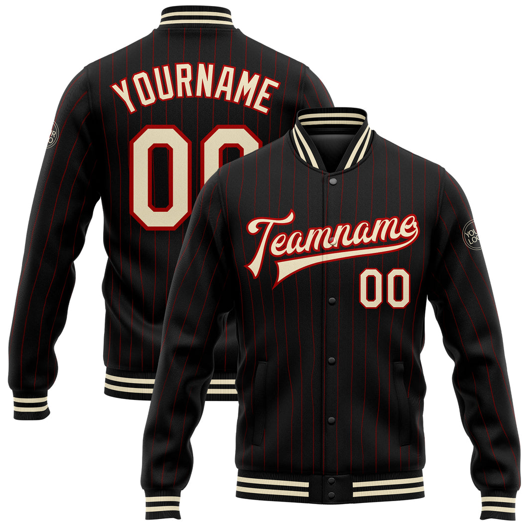 Custom Black Red Pinstripe Cream Bomber Full-Snap Varsity Letterman Jacket