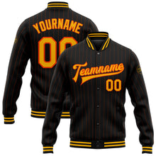 Load image into Gallery viewer, Custom Black Orange Pinstripe Gold Bomber Full-Snap Varsity Letterman Jacket
