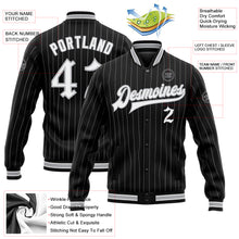 Load image into Gallery viewer, Custom Black Gray Pinstripe White Bomber Full-Snap Varsity Letterman Jacket
