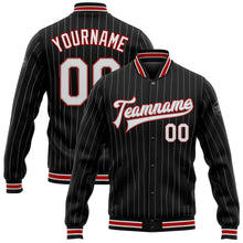 Load image into Gallery viewer, Custom Black Gray Pinstripe White-Red Bomber Full-Snap Varsity Letterman Jacket
