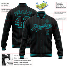 Load image into Gallery viewer, Custom Black Teal Pinstripe Teal Bomber Full-Snap Varsity Letterman Jacket
