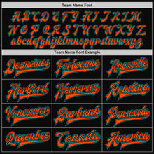 Load image into Gallery viewer, Custom Black Teal Pinstripe Orange Bomber Full-Snap Varsity Letterman Jacket
