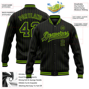 Custom Black Neon Green Pinstripe Neon Green Bomber Full-Snap Varsity Letterman Jacket