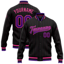 Load image into Gallery viewer, Custom Black Pink Pinstripe Purple Bomber Full-Snap Varsity Letterman Jacket
