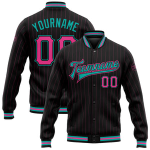 Custom Black Pink Pinstripe Aqua Bomber Full-Snap Varsity Letterman Jacket