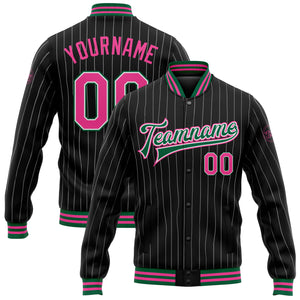 Custom Black White Pinstripe Pink-Kelly Green Bomber Full-Snap Varsity Letterman Jacket