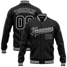 Load image into Gallery viewer, Custom Black White Pinstripe White Bomber Full-Snap Varsity Letterman Jacket
