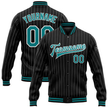 Load image into Gallery viewer, Custom Black White Pinstripe Teal Bomber Full-Snap Varsity Letterman Jacket
