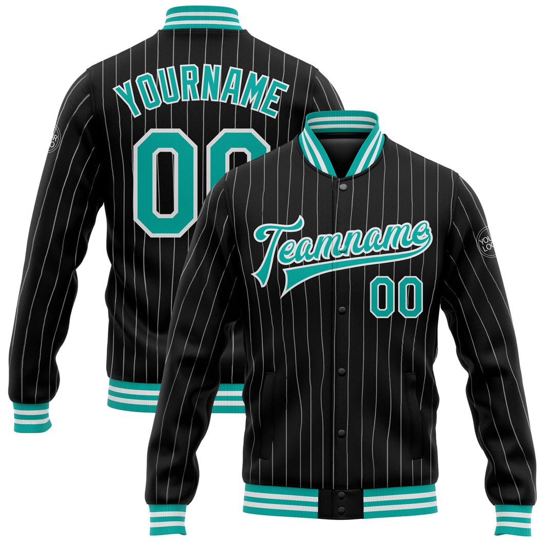 Custom Black White Pinstripe Aqua Bomber Full-Snap Varsity Letterman Jacket