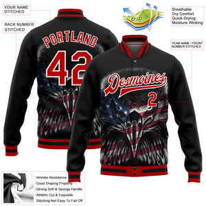 Custom Black Red-White Eagle With American Flag 3D Pattern Design Bomber Full-Snap Varsity Letterman Jacket