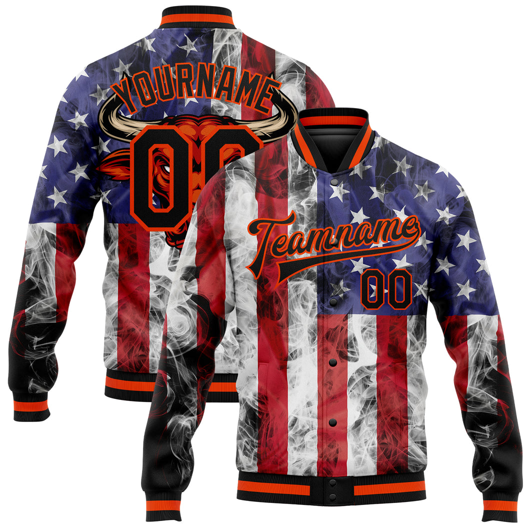 Custom Royal Black Orange-Red American Flag With Head Of Bull 3D Pattern Design Bomber Full-Snap Varsity Letterman Jacket