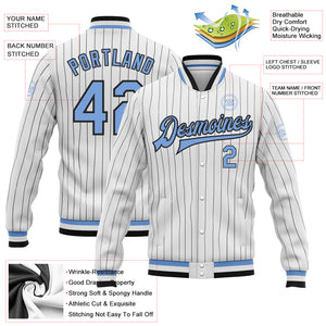 Custom White Black Pinstripe Light Blue Bomber Full-Snap Varsity Letterman Jacket