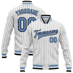 Custom White Black Pinstripe Light Blue Bomber Full-Snap Varsity Letterman Jacket