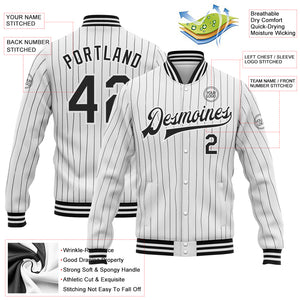 Custom White Black Pinstripe Black Bomber Full-Snap Varsity Letterman Jacket