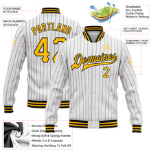 Load image into Gallery viewer, Custom White Black Pinstripe Gold Bomber Full-Snap Varsity Letterman Jacket
