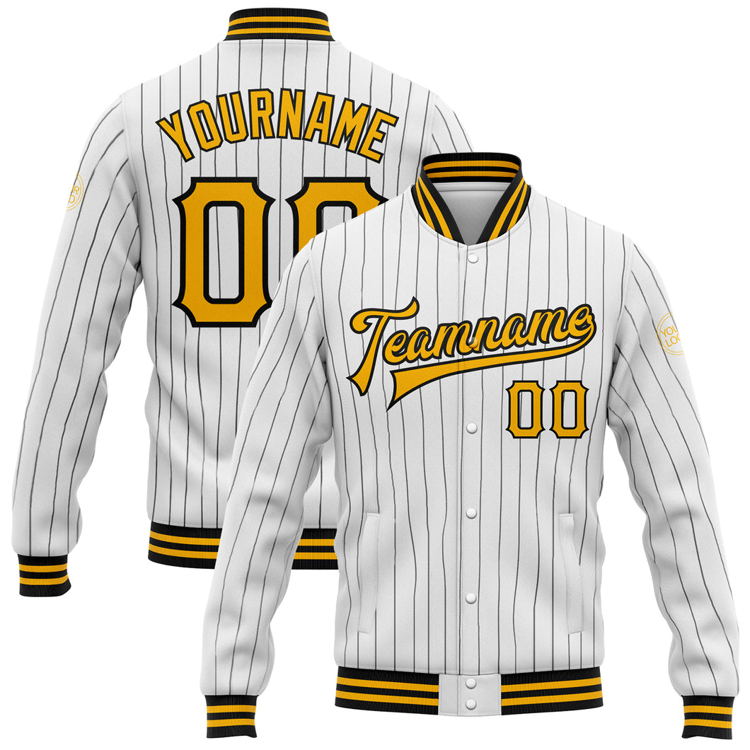 Custom White Black Pinstripe Gold Bomber Full-Snap Varsity Letterman Jacket