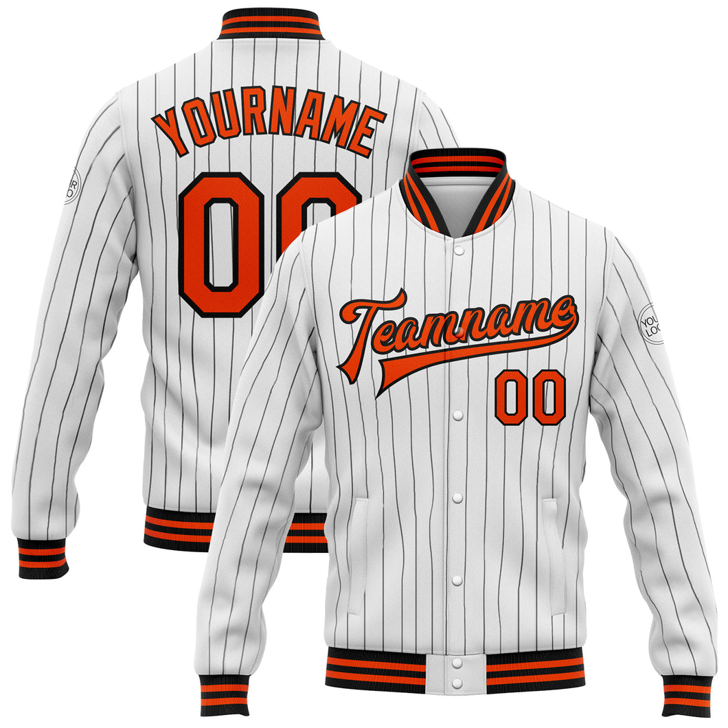 Custom White Black Pinstripe Orange Bomber Full-Snap Varsity Letterman Jacket