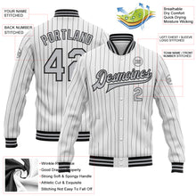 Load image into Gallery viewer, Custom White Black Pinstripe Gray Bomber Full-Snap Varsity Letterman Jacket
