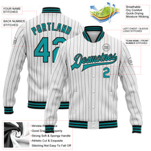 Load image into Gallery viewer, Custom White Black Pinstripe Teal Bomber Full-Snap Varsity Letterman Jacket
